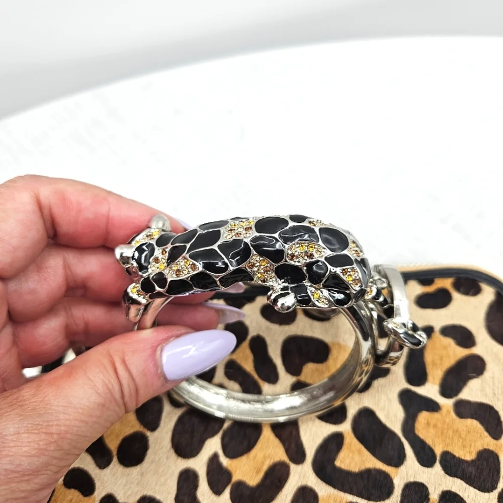 Leopard Print Cow Fur With Leopard‎ Rhinestone Bangle Zip Wristlet Tan & Black
